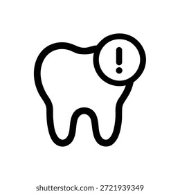 Ícone simples de arte em linha preta representando uma forma molar de dente com um emblema circular contendo um ponto de exclamação, simbolizando questão dentária, dor, cuidados urgentes ou sinal de aviso de cavidade.