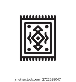 A simple black line art icon of a rug with a geometric pattern and tassels perfect for home decor furnishing or textile designs