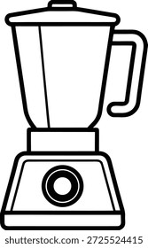 Ein einfaches schwarzes Linien-Kunstsymbol eines elektrischen Küchenmischers mit Krug-Griff und Deckel auf einfarbigem weißem Hintergrund