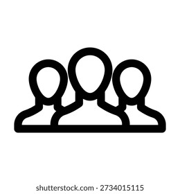 Icono simple del arte de la línea negra de tres personas que se colocan juntas. Representa a un equipo, grupo, comunidad o multitud. Ilustración vectorial plana.