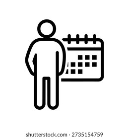 Simple black line art icon of a person standing beside a calendar, symbolizing scheduling or planning.