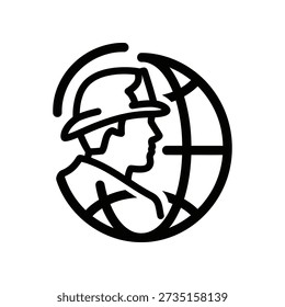Einfache schwarze Linie Art Ikone des Profils eines Ingenieurs mit einem harten Hut innerhalb eines Globus, symbolisiert globales Engineering und Konstruktion.