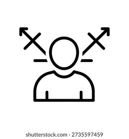 Simple black line art icon depicting a person with conflicting arrows above, symbolizing dilemma, indecision, or conflicting choices.