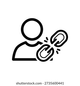 Simple black line art icon depicting a person breaking free from chains, symbolizing freedom and liberation.