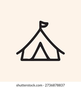 A simple black line art icon of a camping tent with a flag. This minimalist doodle is perfect for designs related to outdoors, travel, and adventure.