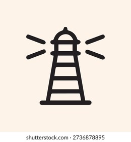 A simple black line art icon of a lighthouse with light beams. This minimalist vector graphic represents guidance, safety, hope, and navigation.