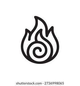 A simple black line art icon of a flame with a spiral at its center. This minimalist vector graphic represents heat, energy, passion, or a spiritual core.