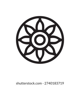 A simple black line art icon of the Dharmachakra or Wheel of Dharma. This vector graphic represents the Buddhist path to enlightenment.