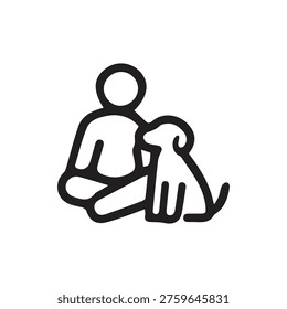 A simple black line art icon of a person sitting with their arm around a dog. Symbolizes the bond between humans and pets, companionship, and love.