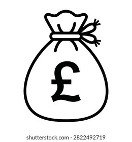 Simple black line art icon of a tied money bag featuring a large pound sterling sign. Represents British currency, savings, wealth, finance, and economic concepts.