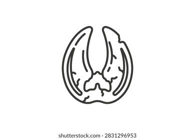 A simple black line art icon representing a cloven hoof print, commonly associated with deer, cattle, or other ungulate animals, isolated on a white background.