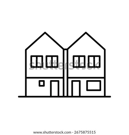 A simple black line art icon depicting a duplex house. The illustration shows two connected residential units side-by-side, each with windows and doors, presented clearly on a white background.