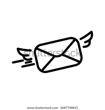 A simple black line art icon of a flying envelope with wings, symbolizing fast mail, email, or message delivery. The drawing shows speed with motion lines.