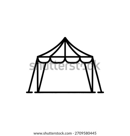 Simple black line art icon of a circus tent with a peaked roof and open sides
