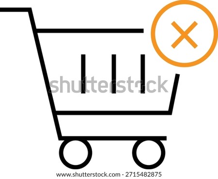 Simple black line art icon representing an empty shopping cart with a prominent orange cancellation or removal symbol