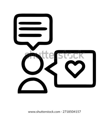 Simple black line art icon depicting user feedback communication with positive sentiment exchange and social media engagement concept