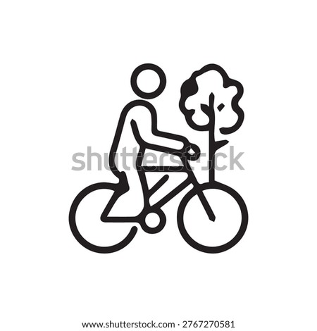 A simple black line art icon featuring a person riding a bicycle alongside a tree. Represents active lifestyle, eco-friendly transport, and enjoyment of nature.