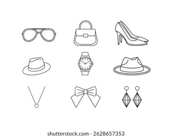 Simple black line art icons representing fashion accessories and apparel elements on a white backdrop