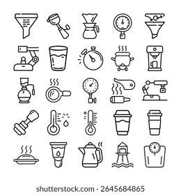Simple black line art icons representing various coffee brewing, kitchen, and measuring tools.