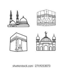 Simple black line art icons of the Kaaba, Medina Mosque, and Masjid Al-Haram. Minimalist vector illustration set for Hajj, Umrah, and Islamic educational materials for children.