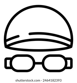 Simple black line art illustration of swimming goggles and a swim cap, isolated on white