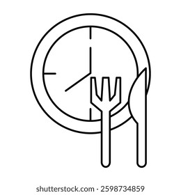 A simple black line art illustration of cutlery, featuring a fork, knife, and plate.