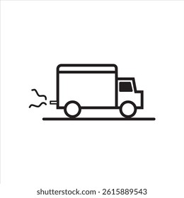 Simple black line art illustration of a box truck driving forward with exhaust lines behind, drawn in minimal style.