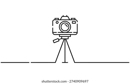 Simple black line art illustration of a camera mounted on a tripod with a remote shutter release attached to it, symbolizing stable and professional photography setup on a clean white background.