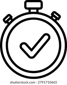 Simple black line art illustration of a stopwatch featuring a prominent check mark symbol inside the dial, representing completion or accuracy.