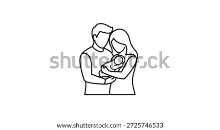 Simple black line art illustration of a young couple holding a newborn baby representing family love and new beginnings.