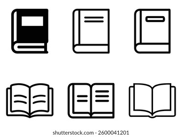 Simple black line art illustrations of various books.