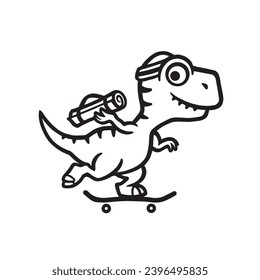 simple black line art logo of a cute baby t-rex dinosaur surfing on a skateboard while carrying a drumstick bag. suitable for youth fashion logos, skate brands, sports