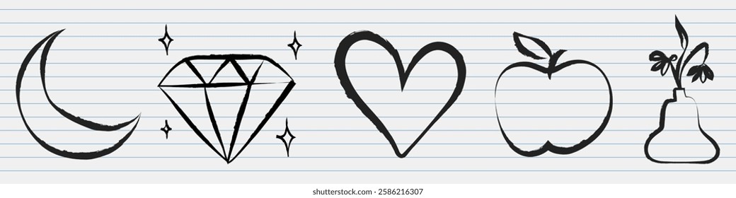 Simple black line art of a moon, diamond, heart, apple, and pear with a flower. Minimalist design featuring moon, diamond, heart, apple, and pear icons. Vector element set.