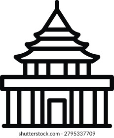 Simple black line art of a multitiered pagoda style building with columns