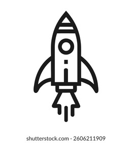 A simple, black line art rocket launching, symbolizing growth and innovation.