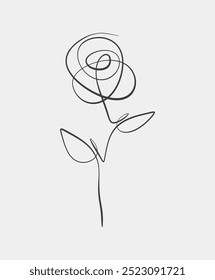 Simple black line art of a rose with two leaves on a clean white background, showcasing minimalist floral design.