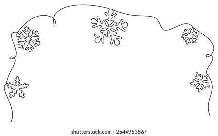 Simple arte de línea negra de copos de nieve dispuestos como un borde decorativo, ideal para fondos de temática de invierno, tarjetas de vacaciones y proyectos de temporada.