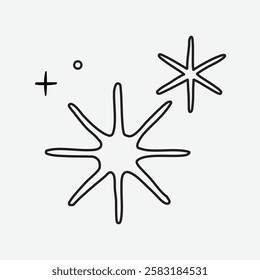 Simple black line art of stars and sparkles on a white background. Minimalist stars and sparkles create a clean, modern look. Stars and sparkles for design. Aesthetic vector illustration.