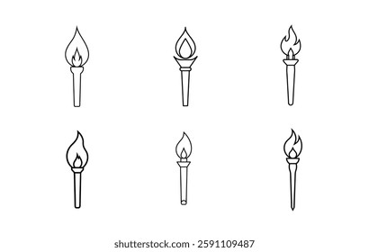 Simple Black Line Art Torch Icons Set