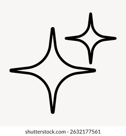 Simple black line art of two sparkling stars on a white background. Stars are stylized with four points, adding a clean, minimalist touch to any design. Starburst illustration vector.