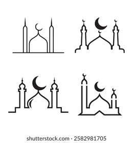 Simple black line art of various mosque silhouettes