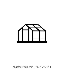 A simple black line art vector illustration of a greenhouse silhouette set against a white background. The icon depicts a gable-roofed structure with segmented panes.
