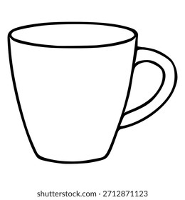 Simple black line art vector illustration of a ceramic coffee mug with a handle, isolated on a white background, representing a classic beverage container.