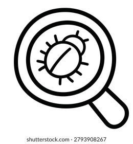A simple black line art vector icon depicting a magnifying glass focused on a small insect or software bug, representing investigation and debugging