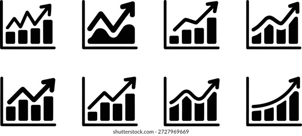 Icono de gráfico de barras y línea negra simple que representa una trayectoria de crecimiento positiva con ligeras variaciones del mercado para los datos comerciales.