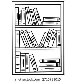 Prateleira simples linha preta com espinhos de livro. Desenhado à mão preto e branco linha arte perfeita para projetos de estilo de vida