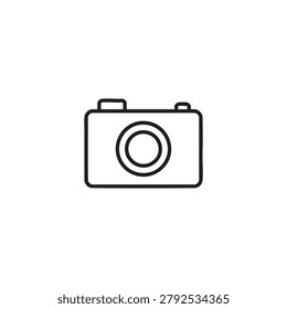 Simple black line camera icon isolated on a white background, featuring a