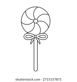 Simple black line candy lollipop illustration with bow on white background. Clean outline drawing ideal for coloring pages, kids activities, Christmas sweets, holiday cards and festive design projects