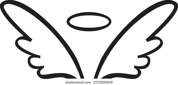 Simple black line drawing of angel wings and halo symbolizing innocence, spirituality, and divine presence, conveying a sense of peace and protection