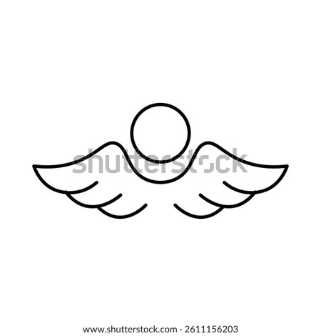 Simple black line drawing of angel wings with a circle symbolizing a head or halo, ideal for spiritual or symbolic designs. Angel icon. Vector illustration